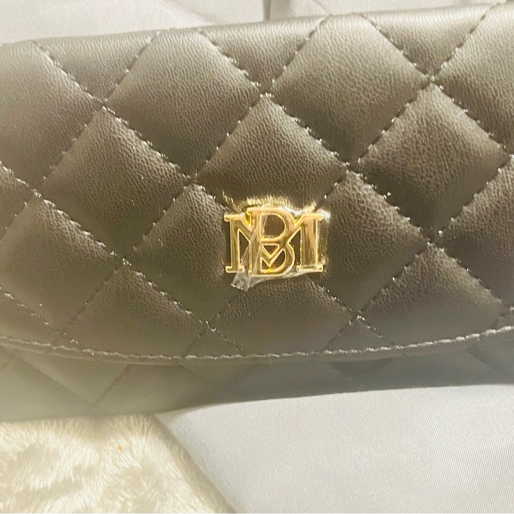 Badgley Mischka Black Quilted Clutch with Gold Logo